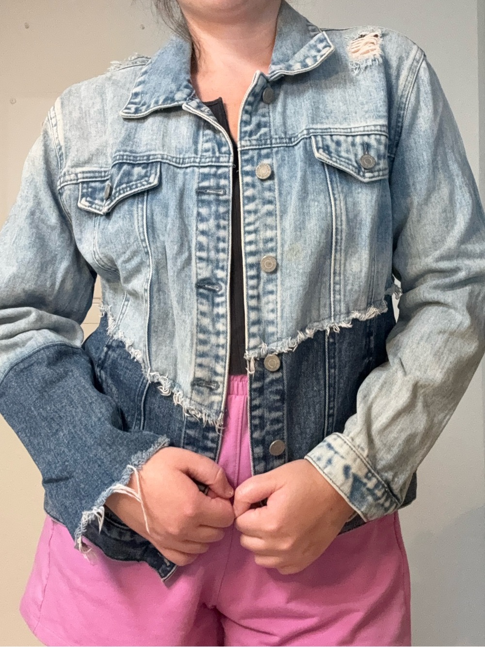 Buffalo Two-Tone Distressed Cropped Denim Jacket - Light & Dark Wash